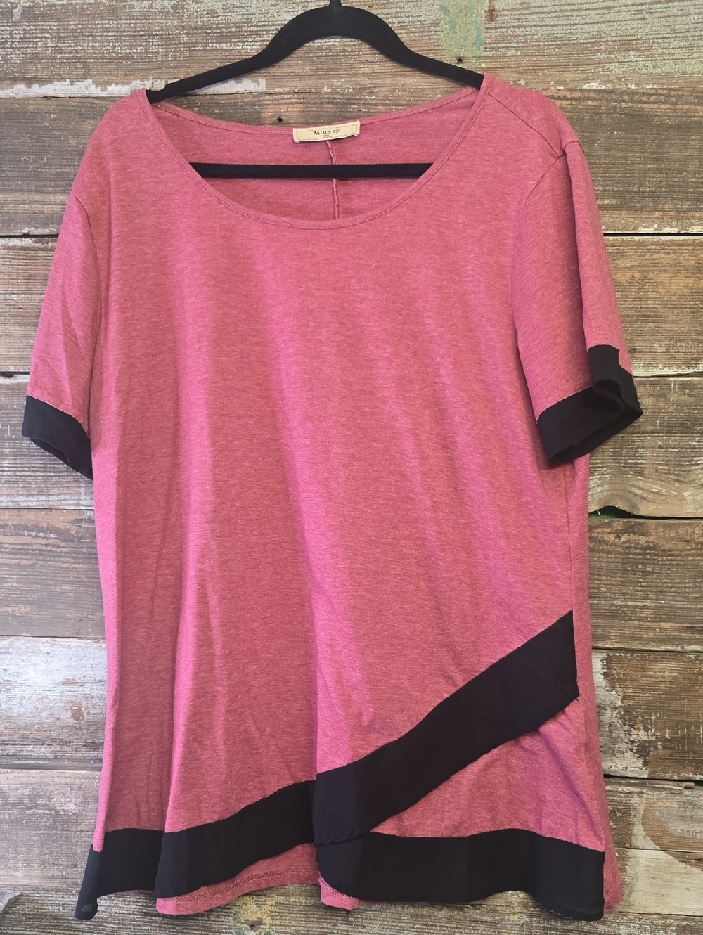 Miusey Women's Pink Short-Sleeve Scoop Neck Top with Black Trim, Size 2X